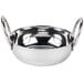 A silver American Metalcraft stainless steel bowl with handles.