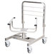 A stainless steel cart with wheels and a handle.