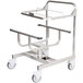A silver stainless steel trolley with white wheels.