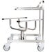 A stainless steel Robot Coupe food processor pan cart with two wheels and black handles.