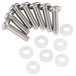 A group of six screws and washers on a white background.