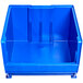 A close-up of a blue plastic container with three compartments.