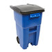 A blue Rubbermaid wheeled rectangular trash can with a black lid.