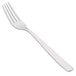 An Arcoroc stainless steel dinner fork with a white handle.