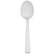 An Arcoroc stainless steel teaspoon with a white handle on a white background.