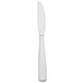 An Arcoroc stainless steel dessert knife with a white handle.