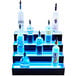 A Beverage-Air liquor bottle display with blue LED lighting holding three shelves of liquor bottles.