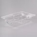 A clear plastic Cal-Mil rectangular tray cover with center hinge and handles.
