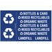 A black rectangular recycling receptacle with blue and white recycle signs and white text.