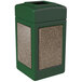 A forest green square Commercial Zone StoneTec waste receptacle with brown riverstone panels.