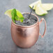 A Libbey copper Moscow Mule mug with ice and mint leaves.