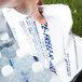 A hand holding a Polar Tech Re-Freez-R-Brix foam freeze pack in a cooler full of water bottles.