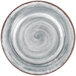A close up of a white Carlisle Mingle melamine plate with gray swirls.