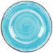A Carlisle Aqua Melamine salad plate with a blue swirl pattern.