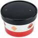 A white round paper container with a black vented lid.