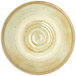 A white melamine bowl with brown spiral designs on the inside.