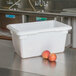 A white plastic Poly Ice Transport Tote with a lid on a table with two apples.