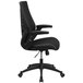 A black Flash Furniture office chair with mesh backrest and black fabric seat and arms.