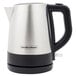 A Hamilton Beach stainless steel kettle with a black handle.