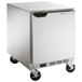 A large silver Beverage-Air undercounter freezer with wheels.