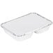 An 8 1/2" x 6 3/8" rectangular silver foil tray with three compartments and a board lid.