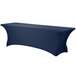 A navy blue Snap Drape contour table cover on a rectangular table.