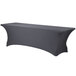 A charcoal gray Snap Drape Contour spandex table cover on a long rectangular table.