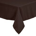 A brown square polyester table cover with a hemmed border on a table.
