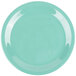 A close-up of a GET Rainforest Green melamine plate with a white narrow rim with a blue and white circle.