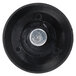A black plastic round knob with a silver metal center.