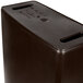 A brown rectangular Continental wall hugger trash can with a lid.
