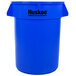 A blue plastic Continental Huskee trash can with black text.