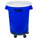 A blue and white Continental Huskee round trash can with wheels and a lid.