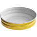A white and gold tin lid with a yellow rubber rim.