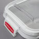 A white Rubbermaid ingredient bin with a clear sliding lid.