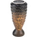 A black and brown speckled stoneware sake bottle with a black and gold design.