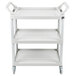 A white Rubbermaid three shelf utility cart with wheels.