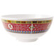 A white melamine bowl with oriental designs on it.