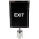 A Lancaster Table & Seating stainless steel stanchion sign frame with clear covers holding a black sign with white text.