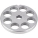 A stainless steel Globe #22 meat grinder plate with eight holes.