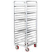 A white metal Channel bun pan rack with red shelves.