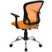 An orange Flash Furniture mid-back office chair with mesh and chrome features.