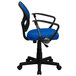 A blue office chair with black swivel base and arms.