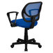 A blue office chair with black wheels and base.