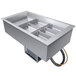 A Hatco drop-in cold food well with three slanted compartments in a stainless steel container.