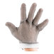 A hand wearing a San Jamar stainless steel mesh cut resistant glove.