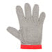A close up of a San Jamar stainless steel mesh cut resistant glove with a red band.