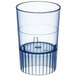 A clear plastic cup with a blue rim.