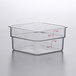 A clear square plastic Cambro food storage container with measurements on it.