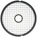 A black circle with a white wire mesh grid with holes in it.